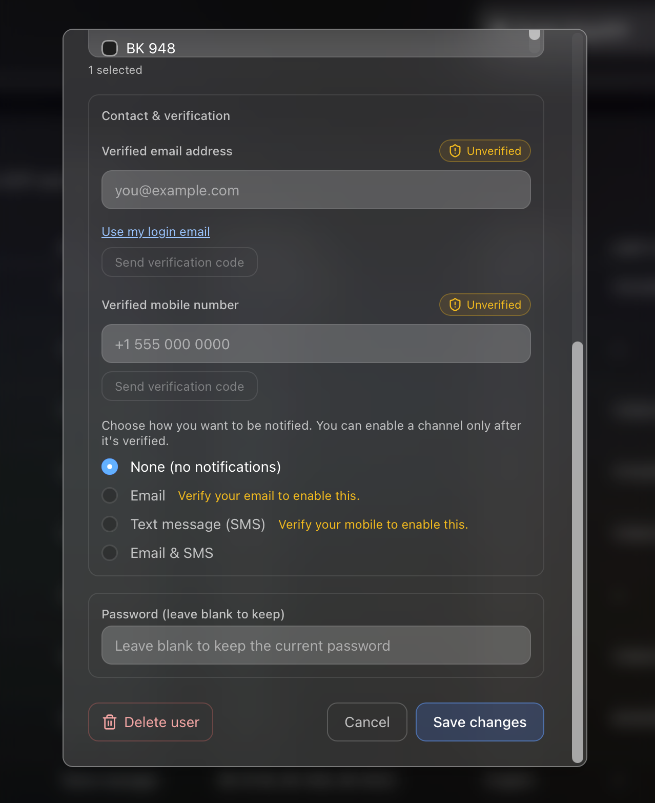 IntelUpsell in-app notification settings: a mobile number field with a Send verification code button, and notification-channel options including Text message (SMS), which can only be enabled after the mobile number is verified.